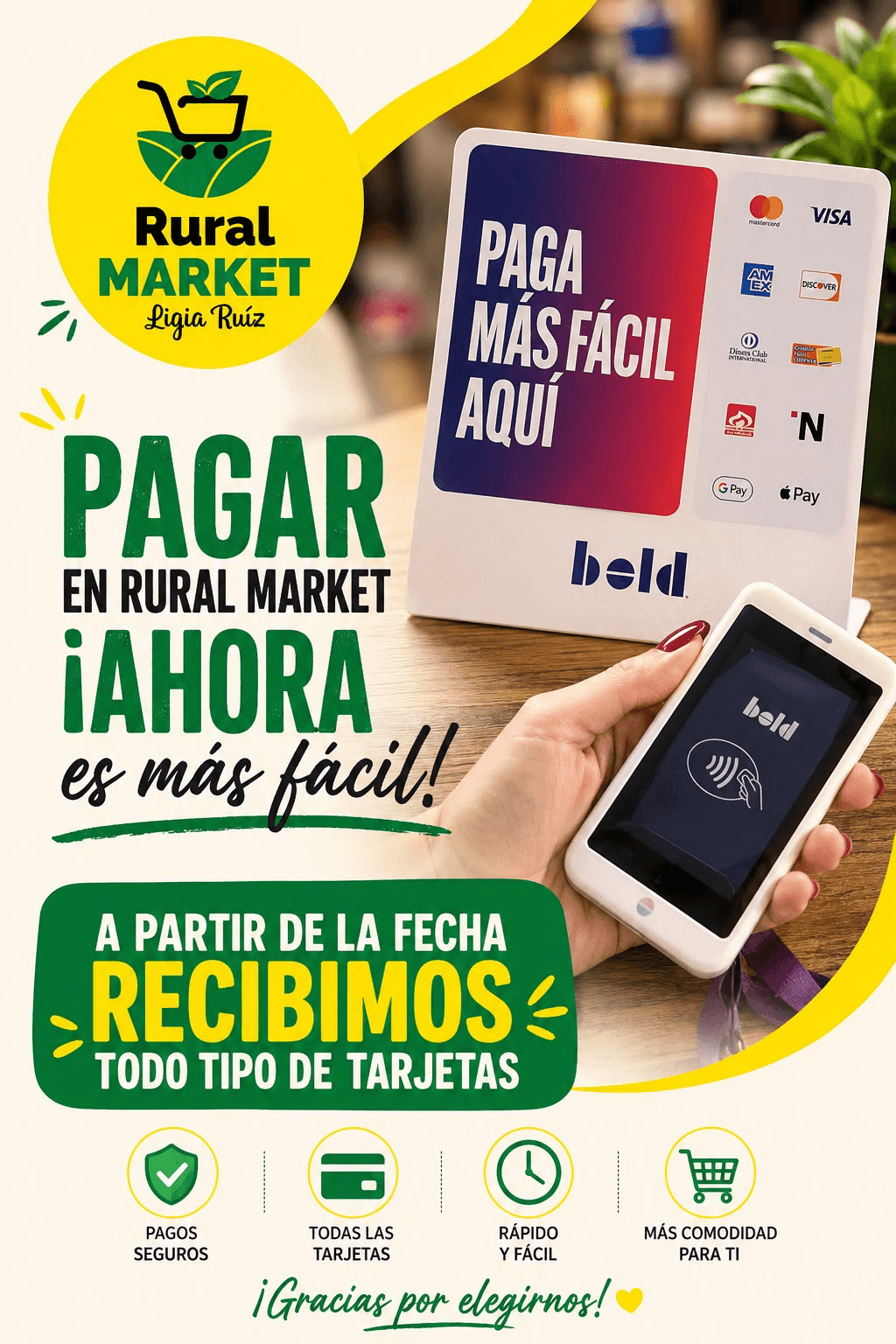 Datáfono Bold en Rural Market Envigado: Visa, Mastercard, Nequi, Apple Pay y más