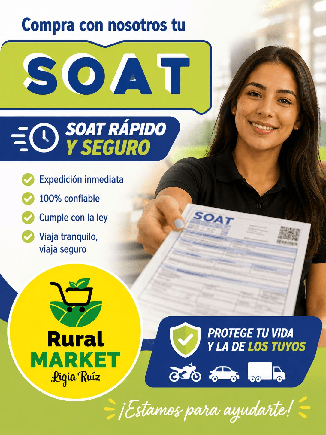 SOAT en Envigado: expedición inmediata para moto, carro y camión en Rural Market Ligia Ruiz